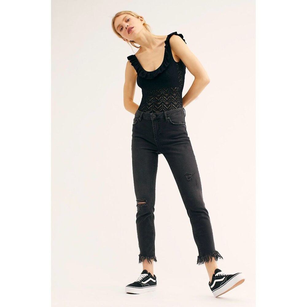 Free People Great Heights Frayed Skinny Jeans in Black as Night